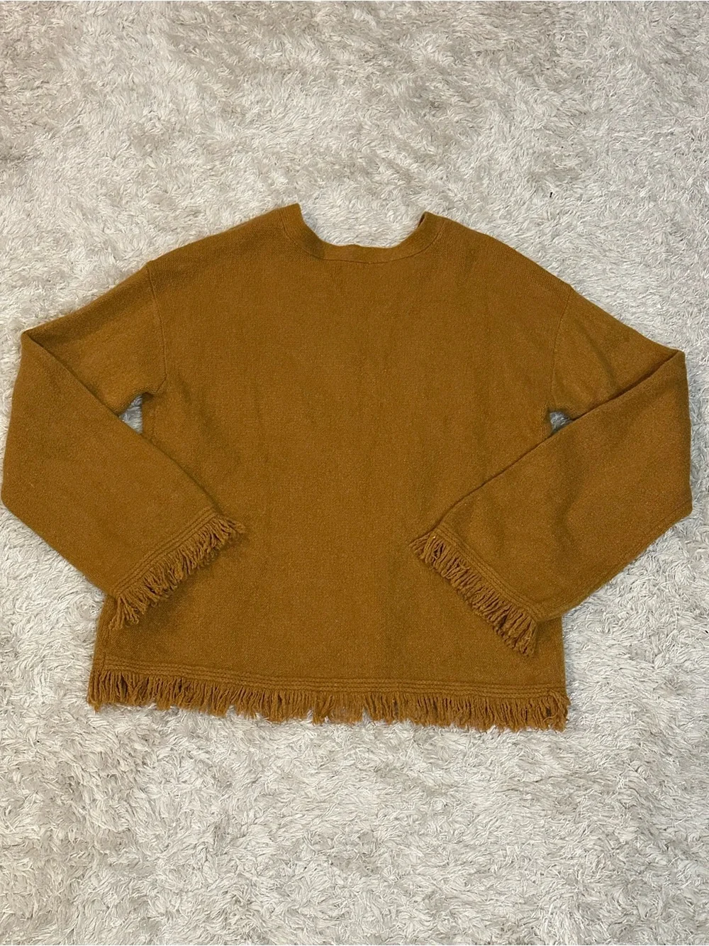 by Anthropologie Mustard V-Neck Fringe Hem Sweater Alpaca Wool Blend - M